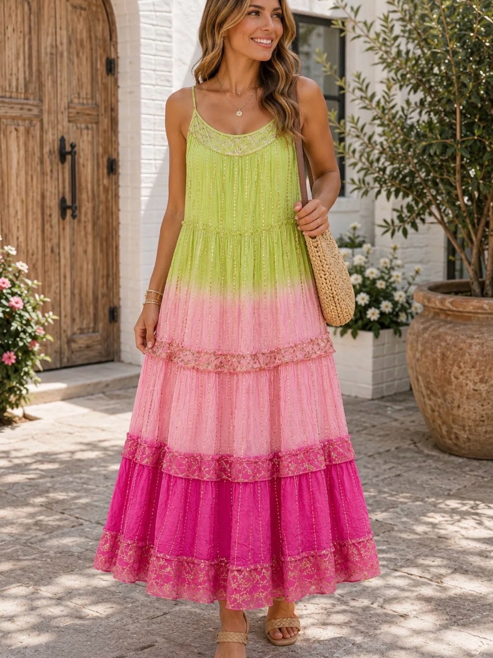 Women’s Ombre Tiered Maxi Dress in Lime Green & Pink